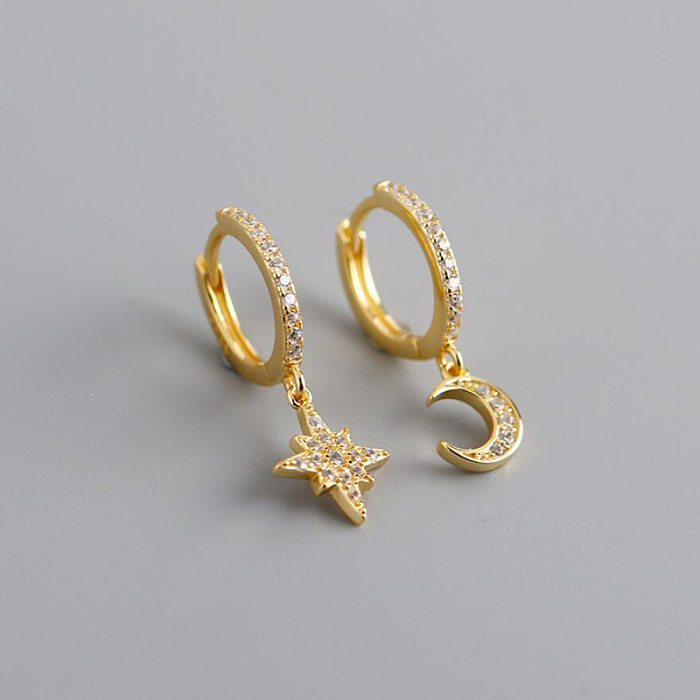 Fashion Copper S925 Silver Needle Zircon Star Moon Ear Asymmetric Hoop Earrings