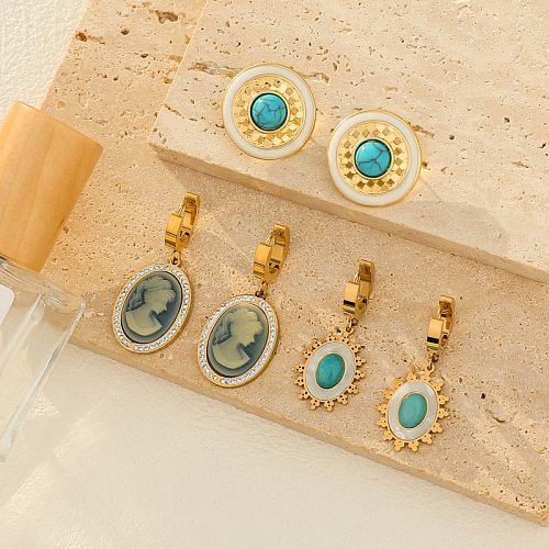 1 par de pendientes colgantes chapados en oro turquesa y cobre de acero inoxidable con incrustaciones redondas con retrato de estilo Vintage