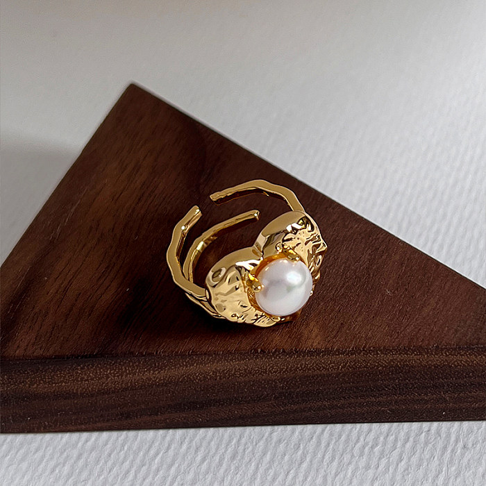 Offene Ringe für Damen, schlichter Stil, Pendel-Herzform, Kupferbeschichtung, Inlay, Perle, 18 Karat vergoldet