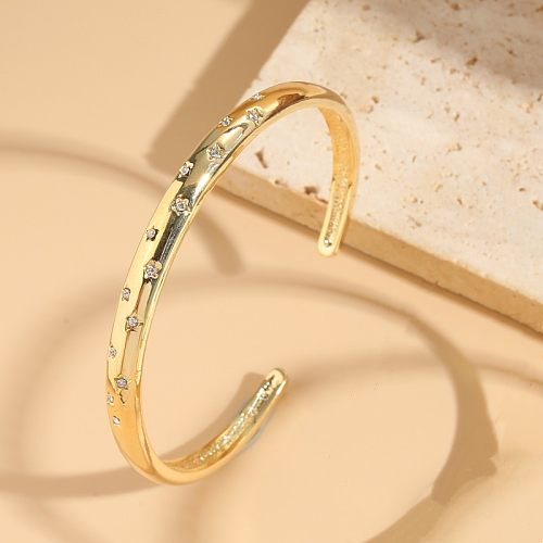 Simple Style Round Copper Plating Inlay Zircon 14K Gold Plated Bangle