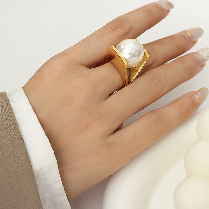 1 Piece Simple Style Round Titanium Steel Plating Inlay Artificial Pearls Rings