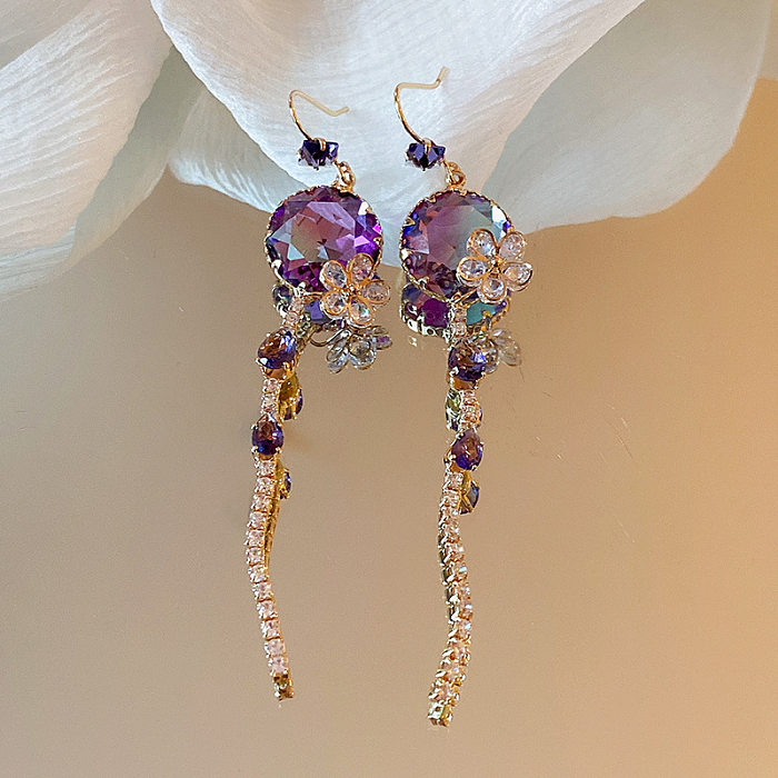 1 Pair Glam Luxurious Lady Flower Butterfly Copper Inlay Zircon Drop Earrings