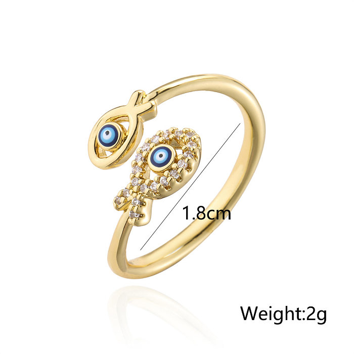 Fashion Dripping Oil Devil's Eye Ring Copper Gold Plated Double Fish Design Geometric Open Ring