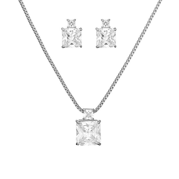 Luxurious Square Copper Inlay Zircon White Gold Plated Women'S Earrings Necklace