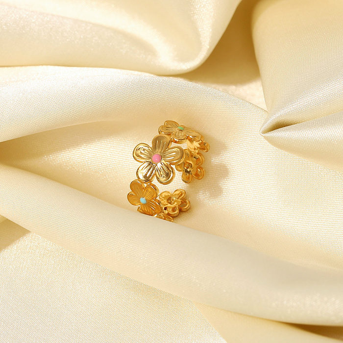 Novo Aço inoxidável 18k banhado a ouro esmalte gotejamento impermeável anel de flor colorida