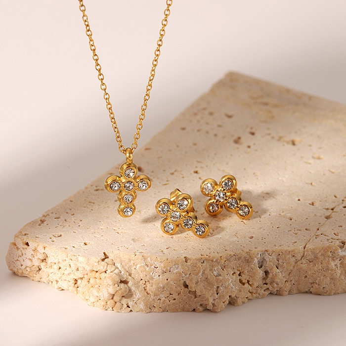 Elegante Kreuz-Ohrring-Halskette mit Intarsien-Zirkon-Ohrring und 18-Karat-Vergoldung aus Edelstahl