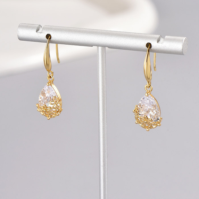 1 Pair Elegant Glam Luxurious Water Droplets Flower Inlay Copper Zircon Drop Earrings