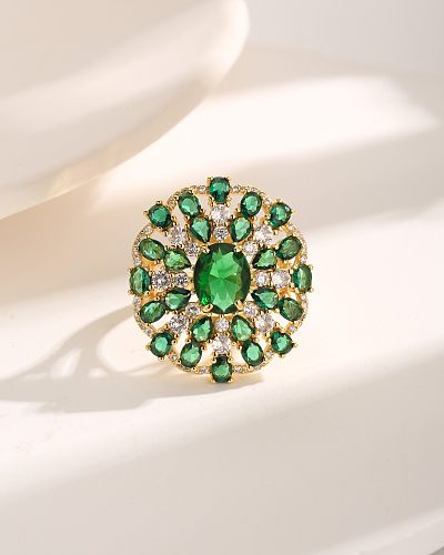 Luxuriöse offene Ringe im Vintage-Stil mit übergroßer Blume, Kupferbeschichtung, Inlay aus Zirkon und 18-karätigem Gold