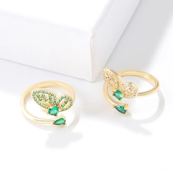 Sweet Simple Style Water Droplets Butterfly Copper Plating Hollow Out Inlay Zircon Open Ring