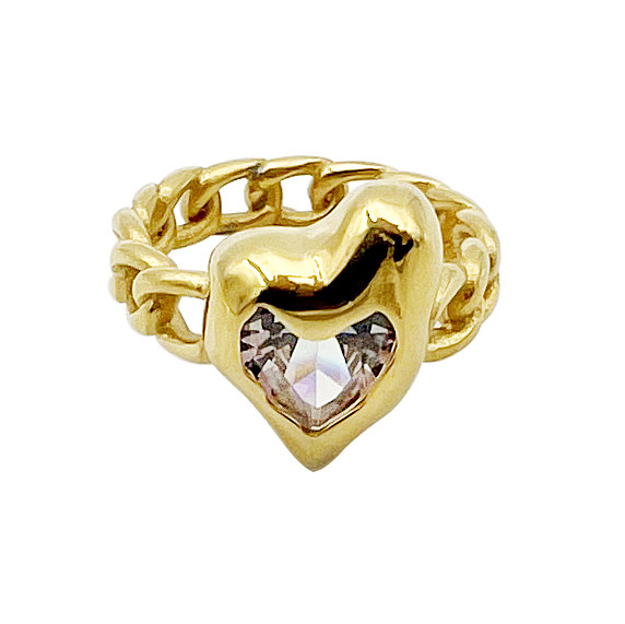 Vintage Style Heart Shape Chains Print Stainless Steel Plating Inlay Zircon Gold Plated Rings
