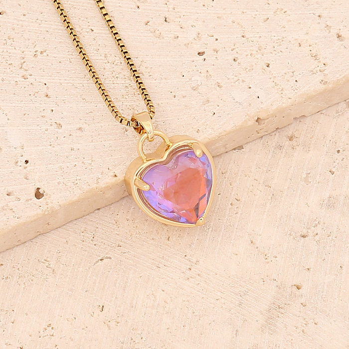 Fashion Heart Shape Stainless Steel Copper Inlay Glass Pendant Necklace