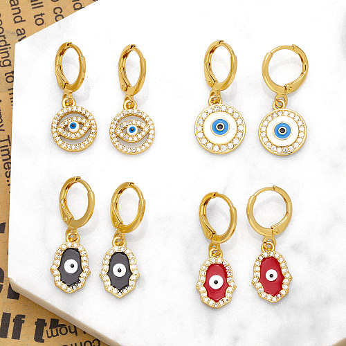 1 Pair Elegant Lady Devil'S Eye Hand Of Fatima Enamel Inlay Copper Zircon 18K Gold Plated Drop Earrings