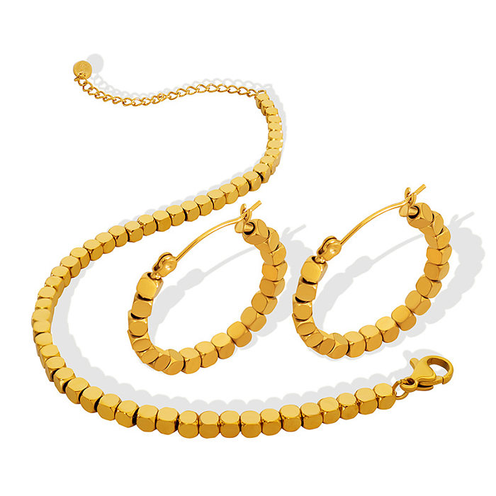Fashion Style Titanium Steel Gold-Plated Cube Bracelet Earrings
