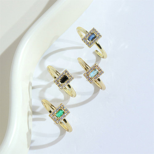 Simple Style Rectangle Copper Plating Inlay Zircon Gold Plated Open Ring