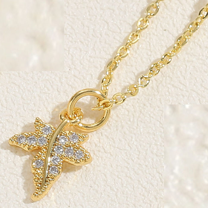 Simple Style Maple Leaf Copper Plating Inlay Zircon 14K Gold Plated White Gold Plated Pendant Necklace