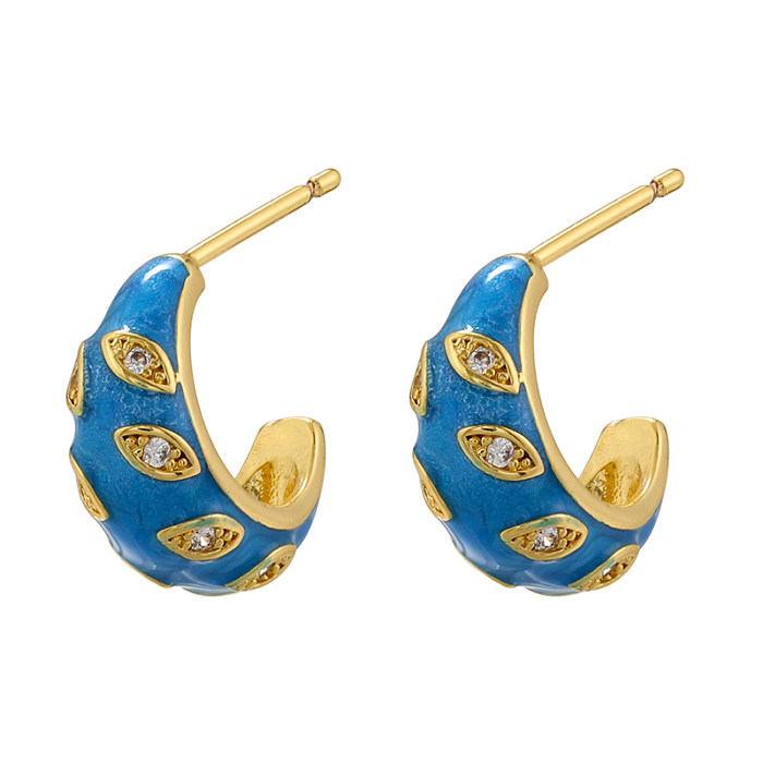 1 Pair Elegant Luxurious Shiny C Shape Star Eye Enamel Plating Inlay Copper Zircon 18K Gold Plated Ear Studs