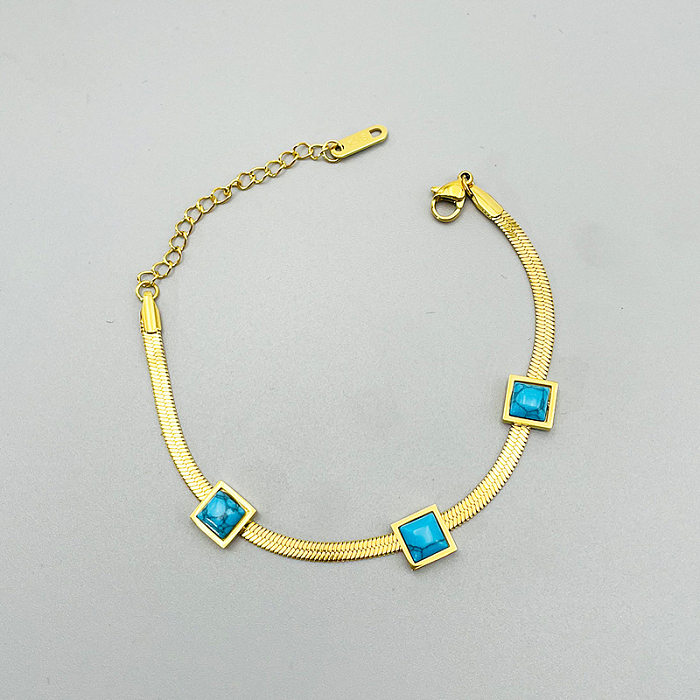 Vintage Style Square Titanium Steel Plating Inlay Turquoise 18K Gold Plated Bracelets Necklace