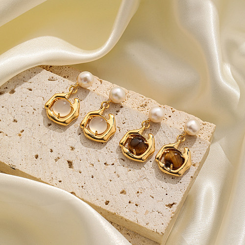 1 paire de boucles d'oreilles pendantes en cuivre plaqué or 18 carats, Style romain Simple, Style britannique, couleur unie