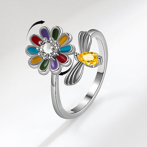 IG estilo casual flor abelha cobre esmalte chapeamento inlay zircão anéis abertos