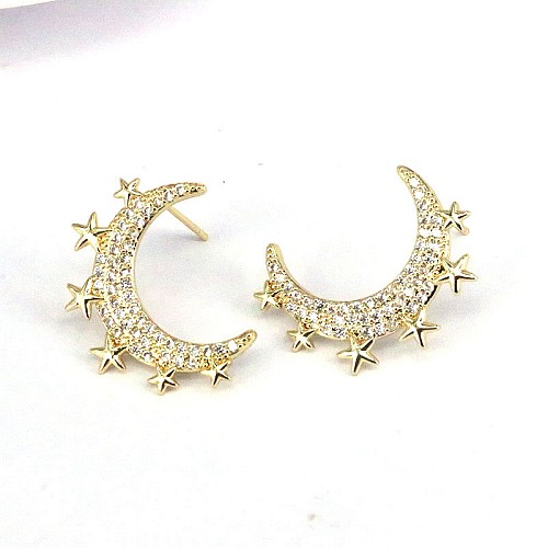 1 paire INS Style décontracté étoile lune papillon cuivre placage incrustation Zircon plaqué or clous d'oreille