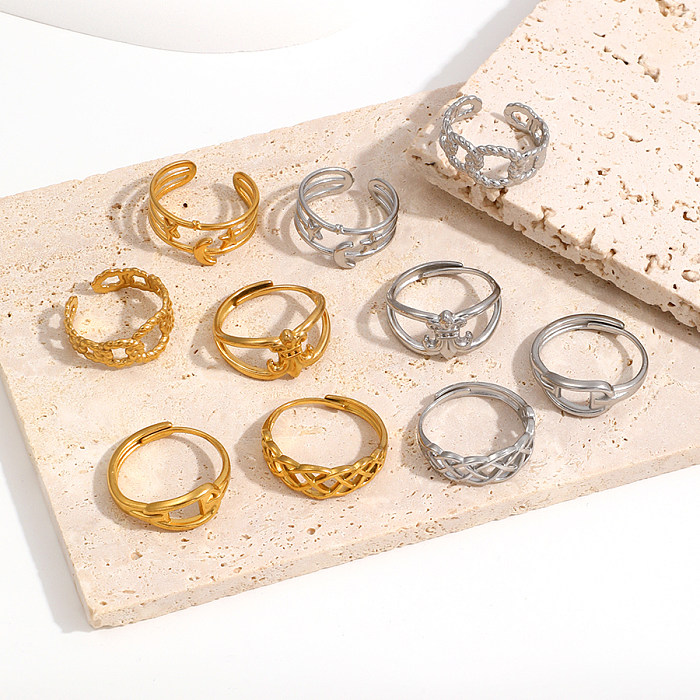 Casual estilo simples cor sólida chapeamento de aço inoxidável escavar anéis abertos banhados a ouro 18K