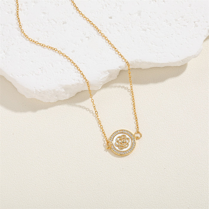 Sweet Commute Clouds Bear Rose Copper Plating Inlay Pearl Shell Zircon 14K Gold Plated Pendant Necklace