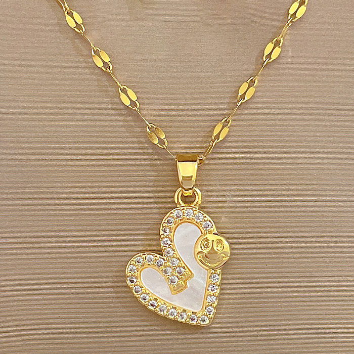 Elegant Glam Heart Shape Smiley Face Titanium Steel Copper Inlay Shell Zircon Pendant Necklace