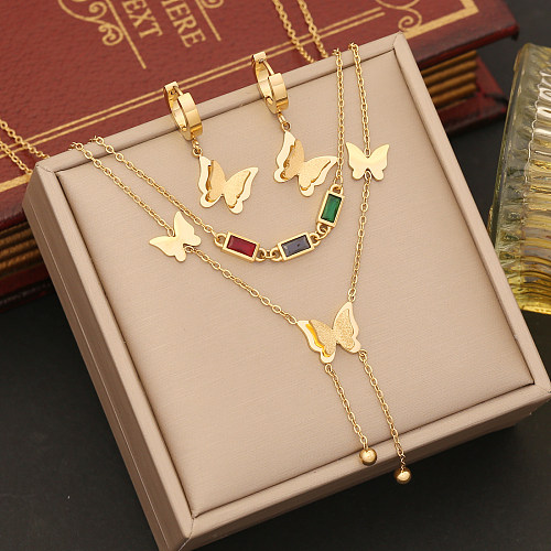 Elegante süße Schmetterlings-Edelstahl-Inlay-Zirkon-Armbänder, Ohrringe, Halskette