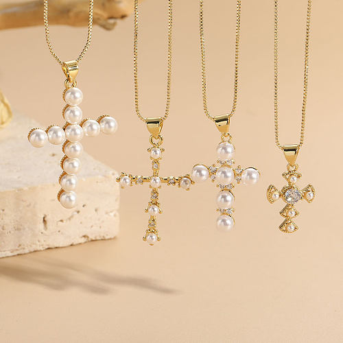 Elegante, luxuriöse, klassische Halskette mit Kreuzverkupferung, Inlay, künstlichen Perlen, Zirkon, 14 Karat vergoldet