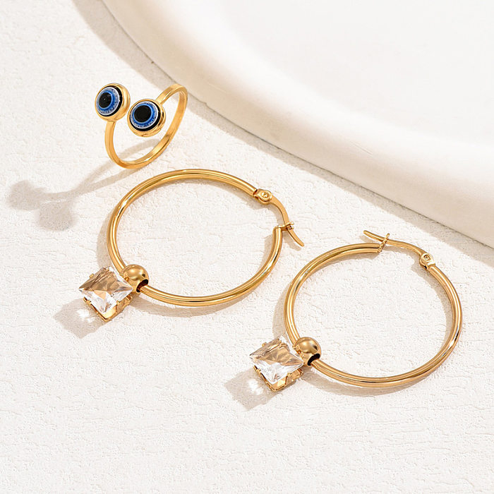 Conjunto de joyería para mujer, anillo de oreja con temperamento de circonio conciso de acero inoxidable dorado a la moda