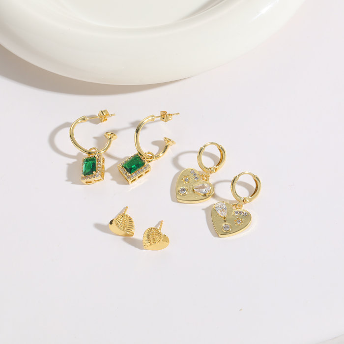 1 Pair Classic Style Heart Shape Copper Inlay Zircon 14K Gold Plated Drop Earrings