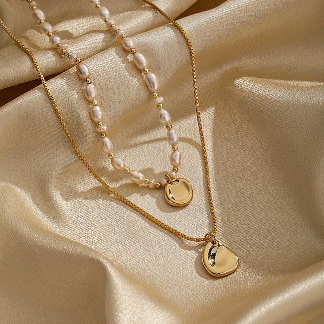 Moda elegante redonda gotas de água cor sólida chapeamento de cobre 18K banhado a ouro colares de camada dupla