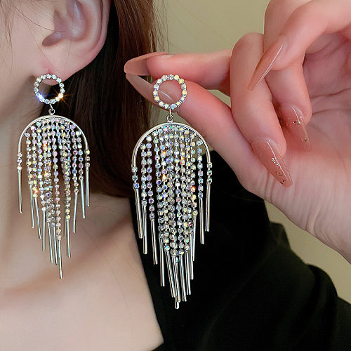 Boucles d'oreilles pendantes élégantes et luxueuses, 1 paire, incrustation de cuivre, strass artificiels, plaqué or blanc