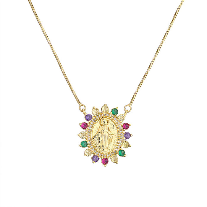 Retro Virgin Mary Oval Copper Inlay Zircon Pendant Necklace 1 Piece