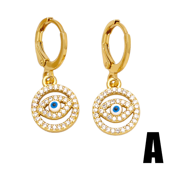 1 Pair Elegant Lady Devil'S Eye Hand Of Fatima Enamel Inlay Copper Zircon 18K Gold Plated Drop Earrings
