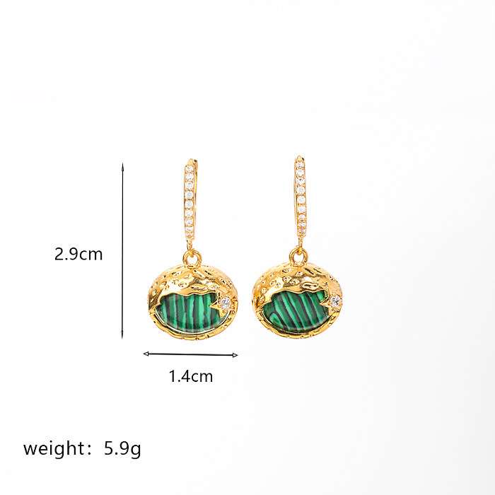 1 Pair Elegant Retro Oval Heart Shape Enamel Plating Inlay Copper Natural Stone Malachite Shell 18K Gold Plated Drop Earrings