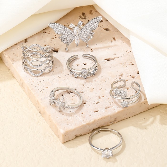 Anéis abertos banhados a ouro branco de zircônia com chapeamento de cobre casual doce estrela borboleta