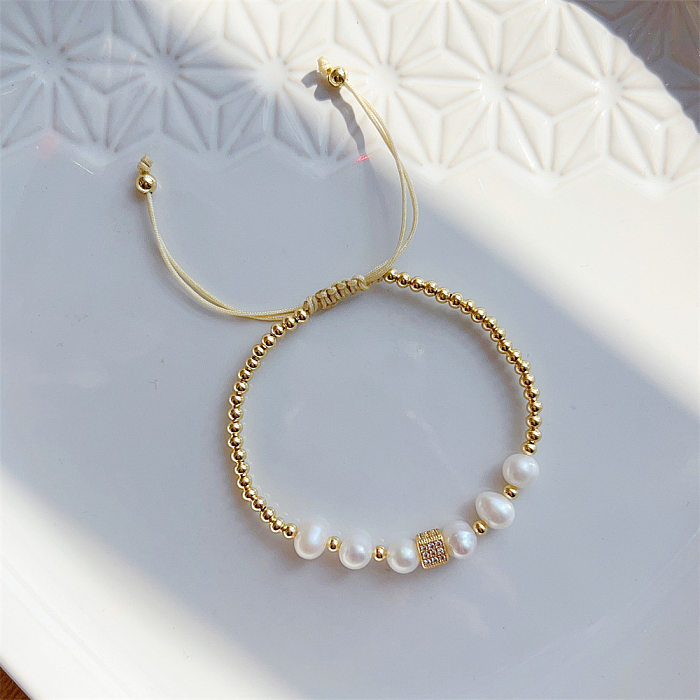 Bracelets en Zircon avec incrustation de perles d'eau douce en cuivre, couleur unie, Streetwear