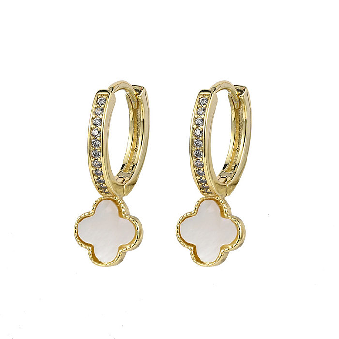 New Brass 14k Real Gold Plated Four-leaf Clover White Mother-of-pearl Earrings