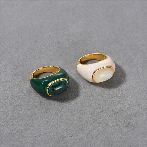 European And American Advanced Copper Plating 18K Real Gold Natural Malachite White Shell Drip Glazed Ring Minority Simple Fashion Ring