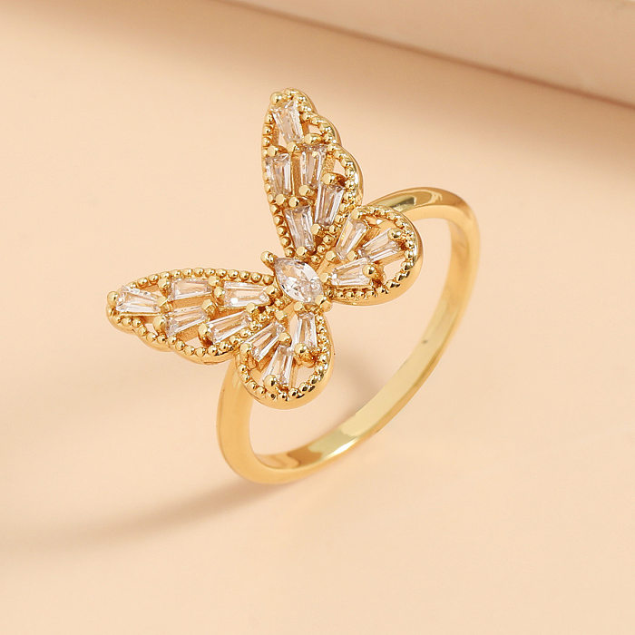 Novo estilo de cobre incrustado zircão borboleta estrela folha anel de abertura