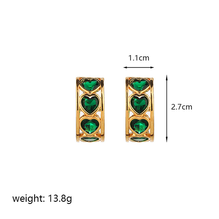 1 Paar Glam Lady glänzende C-förmige herzförmige Überzug-Inlay-Kupfer-Kristall-Moos-Achat-Zirkon-Ohrringe mit 14-Karat-Vergoldung und 18-Karat-Vergoldung