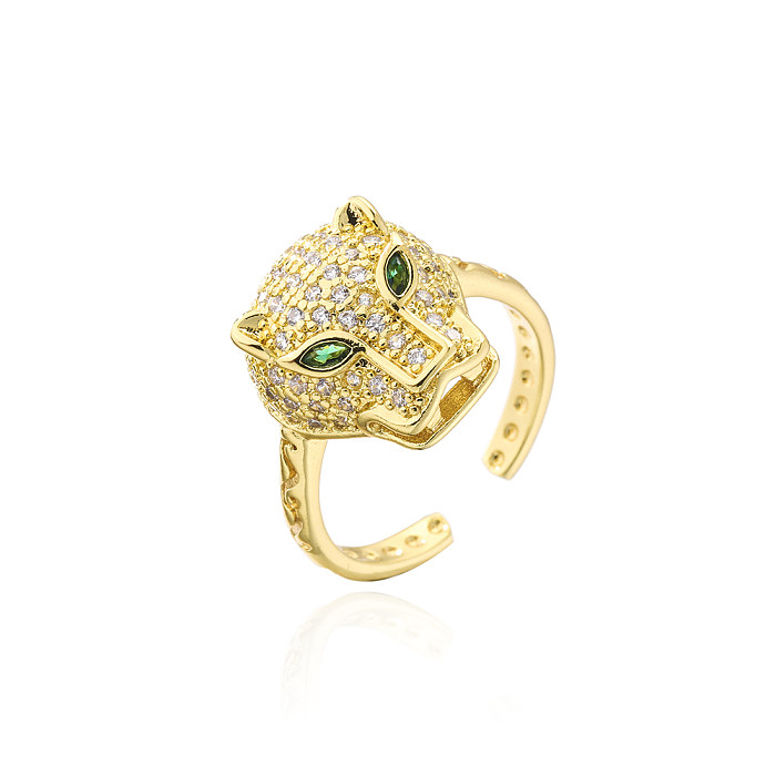Fashion Hip Hop Leopard Head Plating 18K Gold Micro Inlaid Zircon Copper Ring