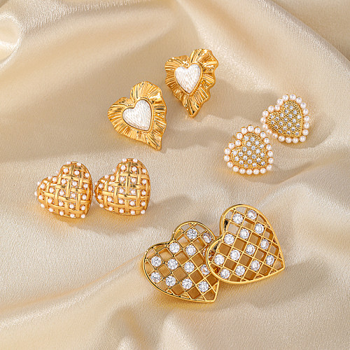 1 Pair Casual Lady Commute Heart Shape Plating Inlay Imitation Pearl Copper Zircon 18K Gold Plated Ear Studs