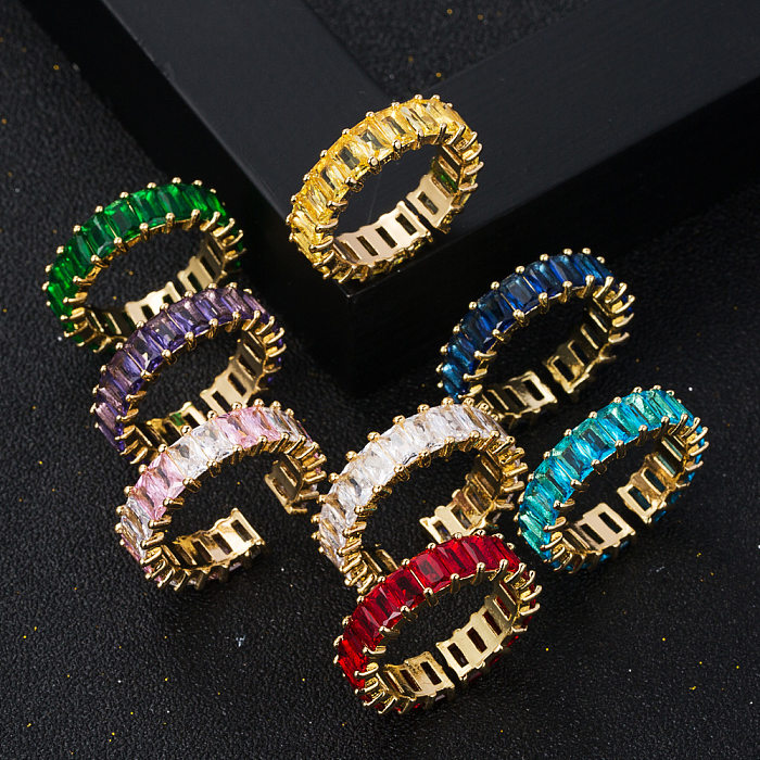 Fashion Copper Micro-encrusted Seven-color Zircon Geometric Rainbow Ring