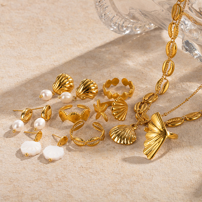 IG Style Strand-Seestern-Muschel, Edelstahl, Nachahmung von Perlen, 18 Karat vergoldet, Ringe, Ohrringe, Halskette