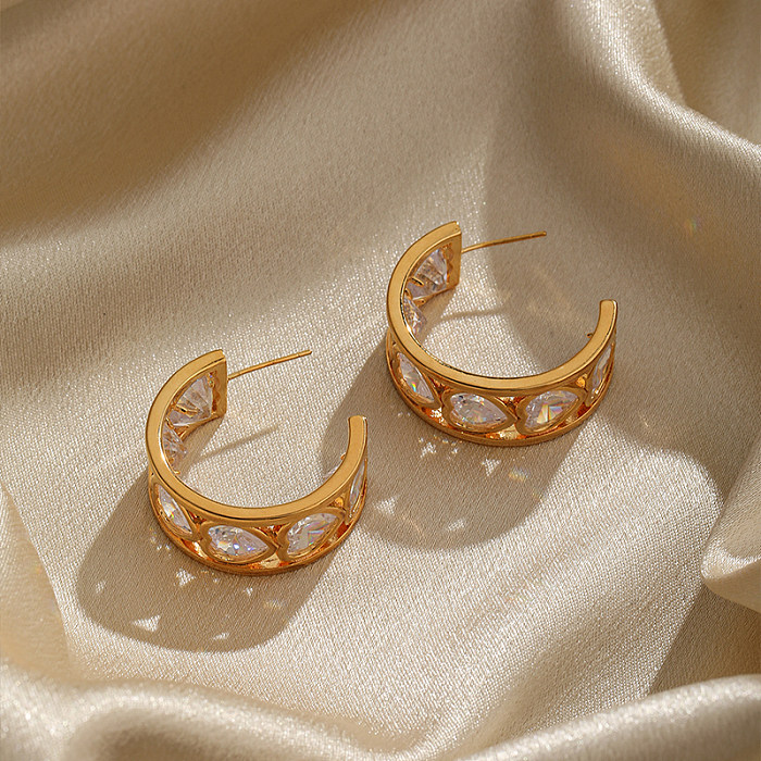 1 paire de clous d'oreilles plaqués or 18 carats, Style Simple, forme de cœur, incrustation de cuivre et de Zircon