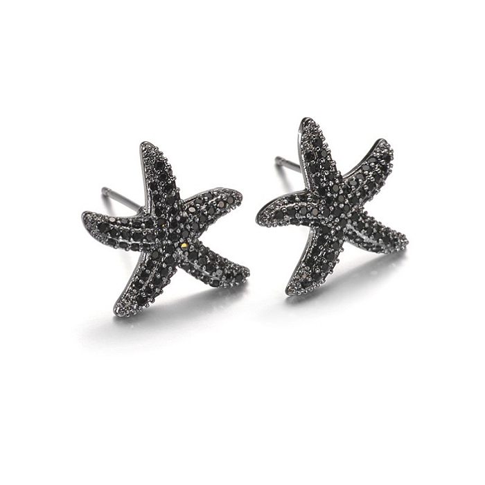 1 paire de clous d'oreilles élégants en cuivre et Zircon avec incrustation d'étoile de mer pour dame