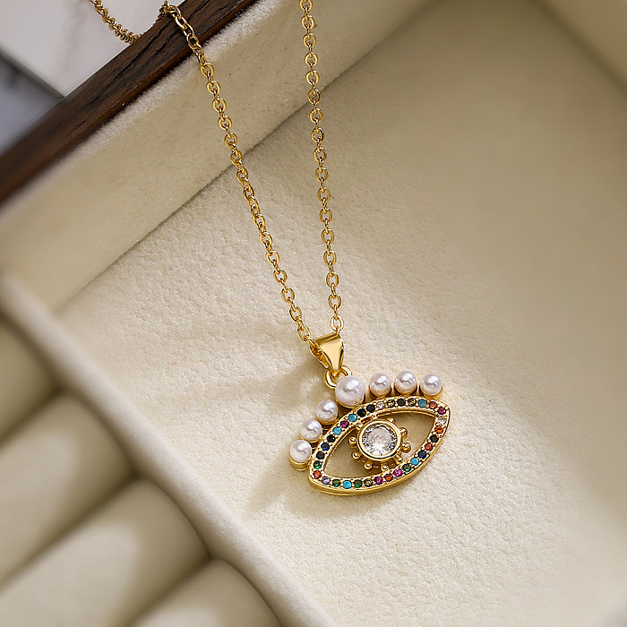 Retro Schlichter Stil Teufelsauge Kupferbeschichtung Inlay Künstliche Perlen Zirkon 18K vergoldet Anhänger Halskette