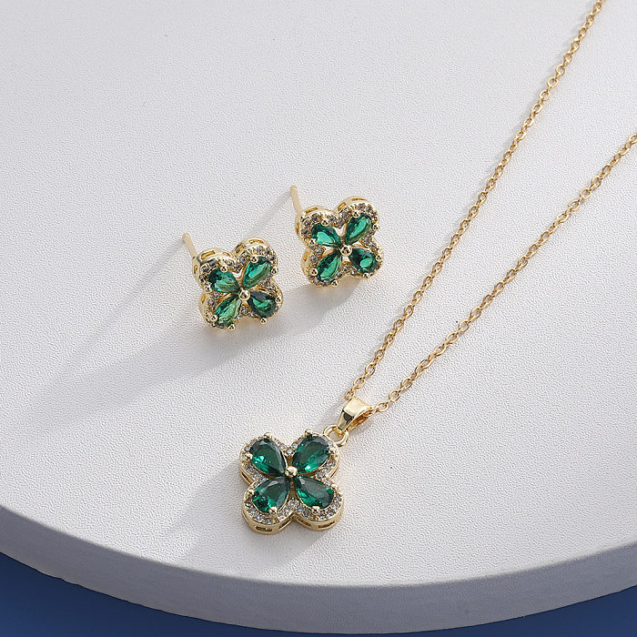 Sweet Four Leaf Clover Copper Plating Inlay Zircon Earrings Necklace